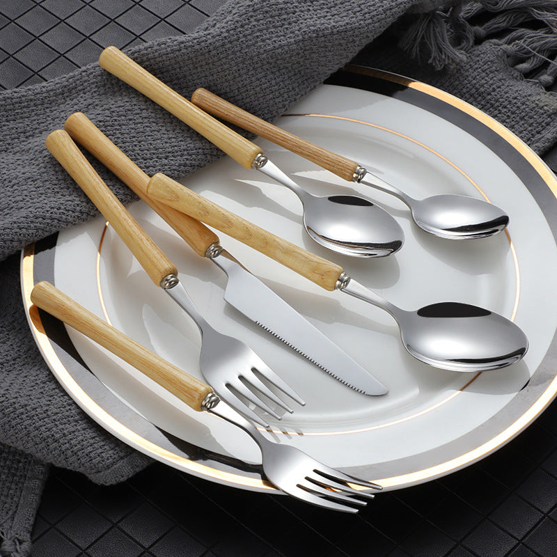 Japanese style 304 stainless steel knives, forks and spoons, high-grade wood-handled tableware, household high-value wood-handled steak knives, dessert spoons