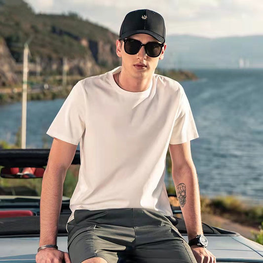Cool ice silk cotton men's short-sleeved T-shirt summer white half-sleeved men's solid color mercerized t-shirt bottoming shirt