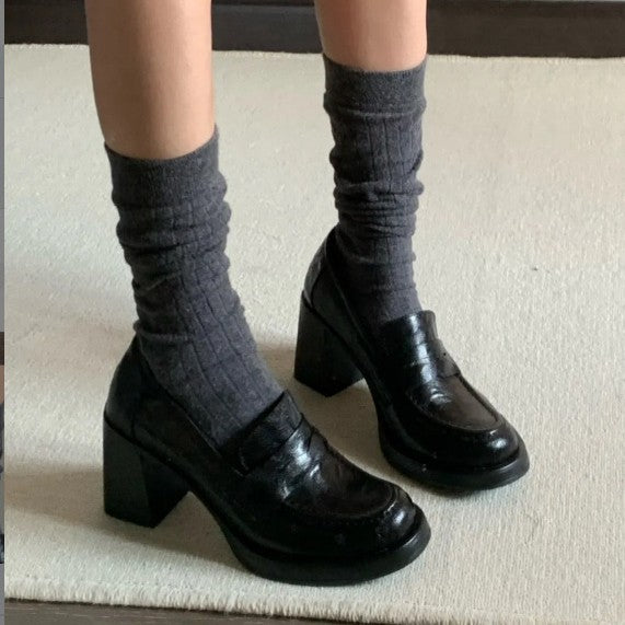 [8cm silent heel] thick heel loafers versatile commuting retro top layer soft leather high heel one foot leather shoe woman