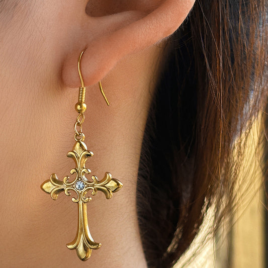 European and American cross-border hot selling gothic style vintage cross pendant earrings personalized trend versatile stainless steel ear clips