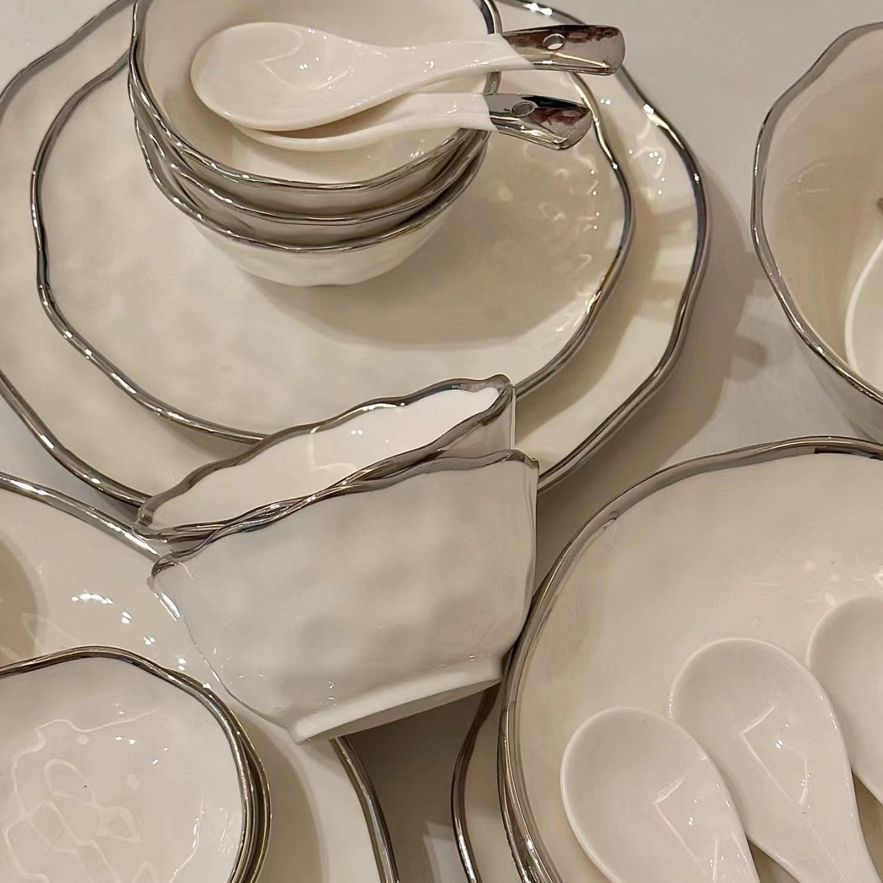 Nordic light luxury high-value dishes high-end silver-edged white ceramic tableware housewarming household plates and bowls combination set