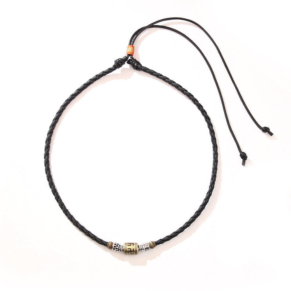 Swastika totem Tibetan vintage necklace European and American cross-border metal pendant woven wax rope adjustable necklace jewelry men