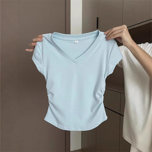 92 cotton blue shoulder short sleeve T-shirt women's summer slim fit look thin foreign folded waist cropped t-shirt top
