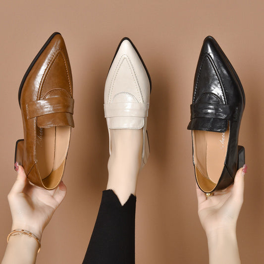 2024 New Leather Block Heel Shoes Women's Slip-On Shoes Mid-Heel British-style Soft-Sole Pointed Toe Loafers