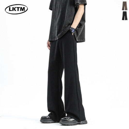 LKTM men's summer black slightly flared trousers, men's vibe, high-quality ice silk, loose draped slacks