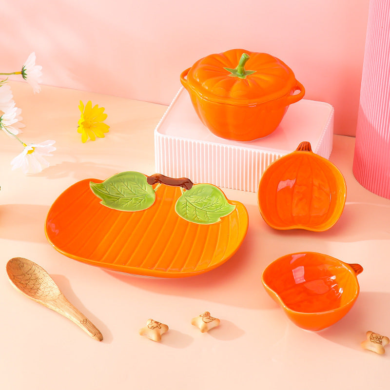 Cute ceramic pumpkin tableware creative household Internet celebrity high value with lid amphora dessert salad dishes plate combination