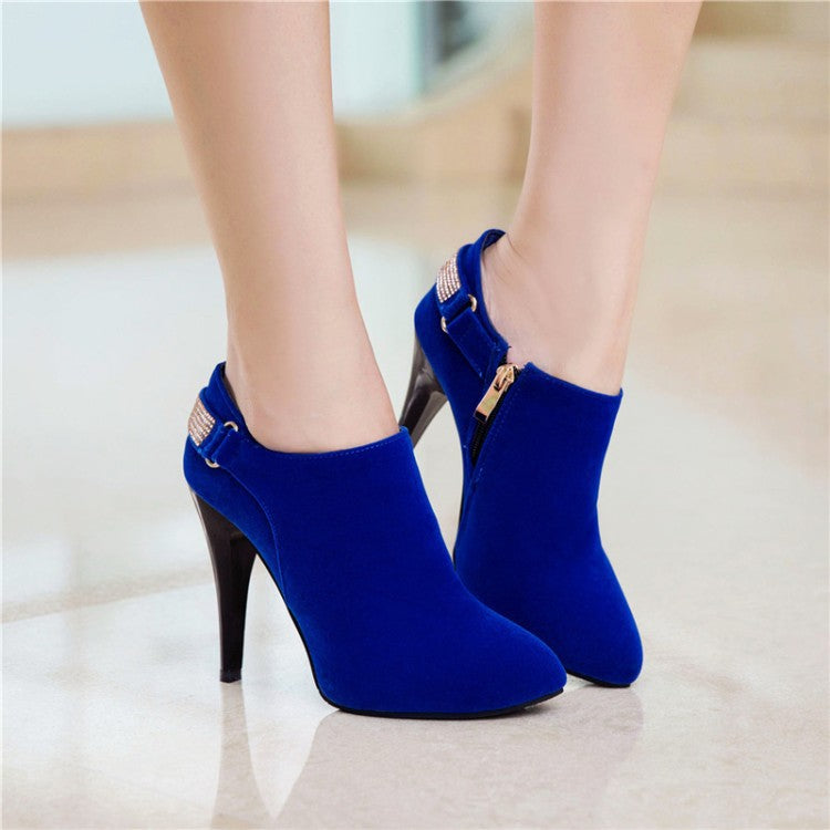 31-50 Coffee Rain Plus Size Women's Suede Heels Rhinestone Side Zippers Pointed Toe Warm & Nude Shoes W333