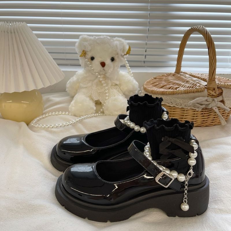 Plus size women's shoes wide feet british style white small leather shoes women's platform soles versatile pearl Mary Jane shoes with skirt jk shoes