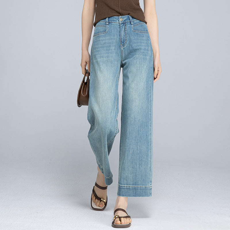 Xin Ge Tencel hemp cropped straight pants women's 2025 summer thin small man tall and thin jeans
