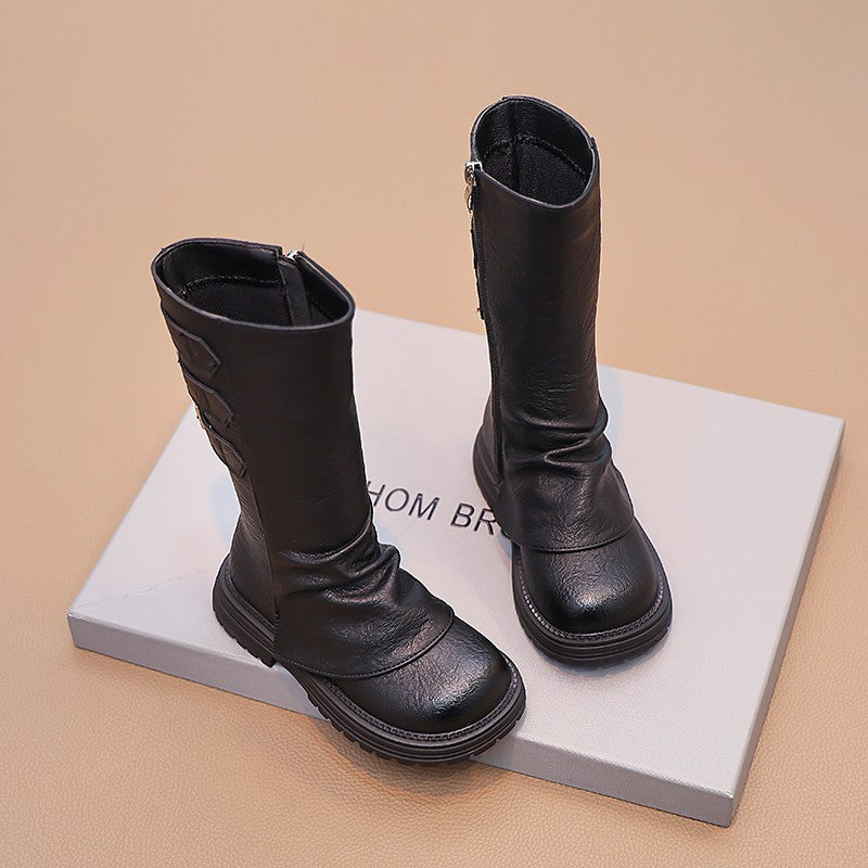 Girls' stacked shoes 2025 autumn and winter new Maillard children's Martin boots for little girls with leg and two cotton high boots