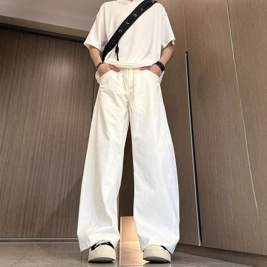 American Slim Casual Pants Men's Spring and Summer Trendy High Street Scimitar Pants Plus Size Loose Straight Wide-leg Long Pants