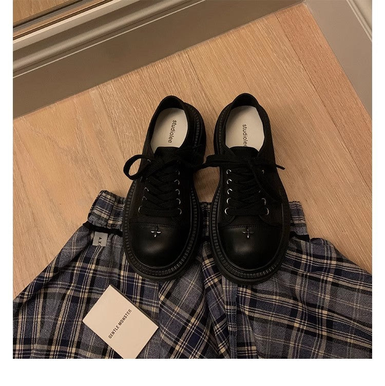 Grape mom has the same style as the big round toe 7cm thick sole heightening lace-up round toe white shoes casual canvas shoes for women autumn and winter