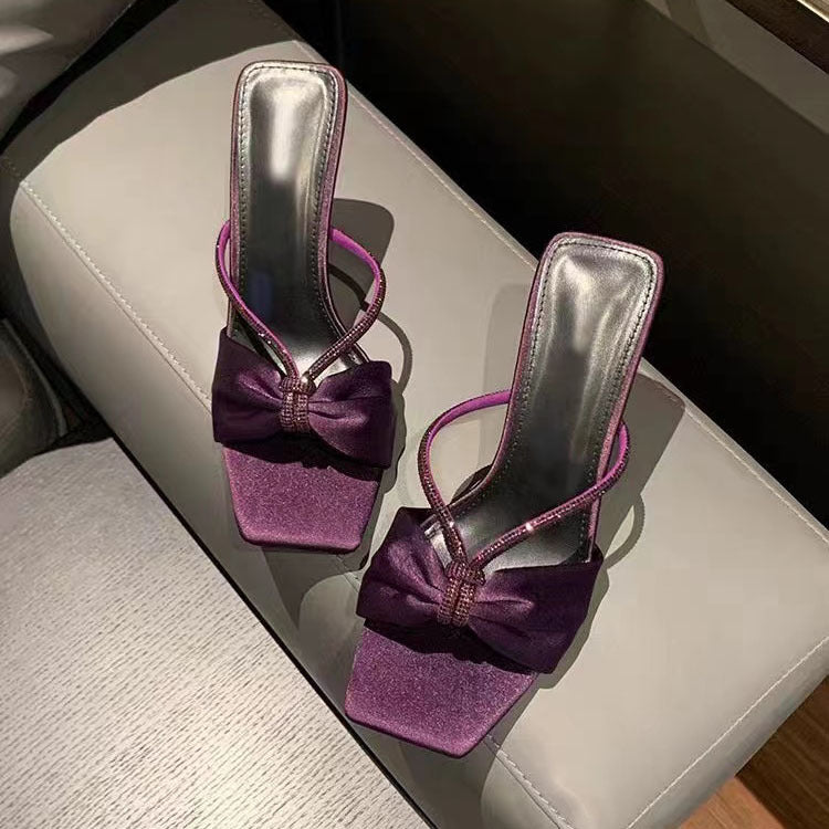 Poplar Forest with purple satin rhinestone stiletto slippers women's new temperament square toe crossed strap sandals