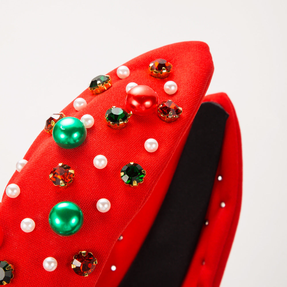 European and American Christmas pearl headband, red and green diamond headband, simple and versatile trendy hair accessory Christmas