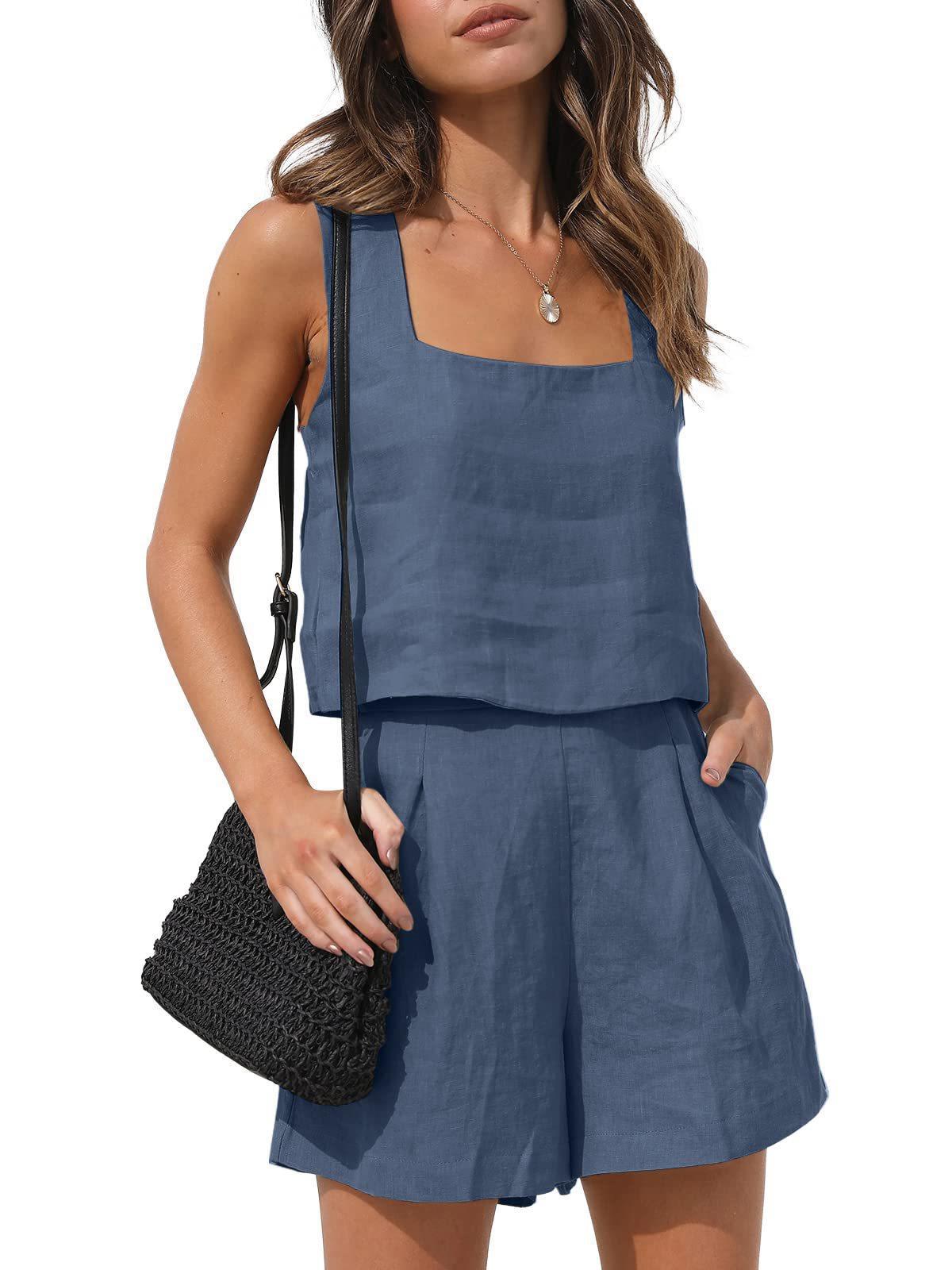 2024 Amazon New European and American Women's 2-Piece Casual Suit Linen Shorts Sleeveless Top Vest