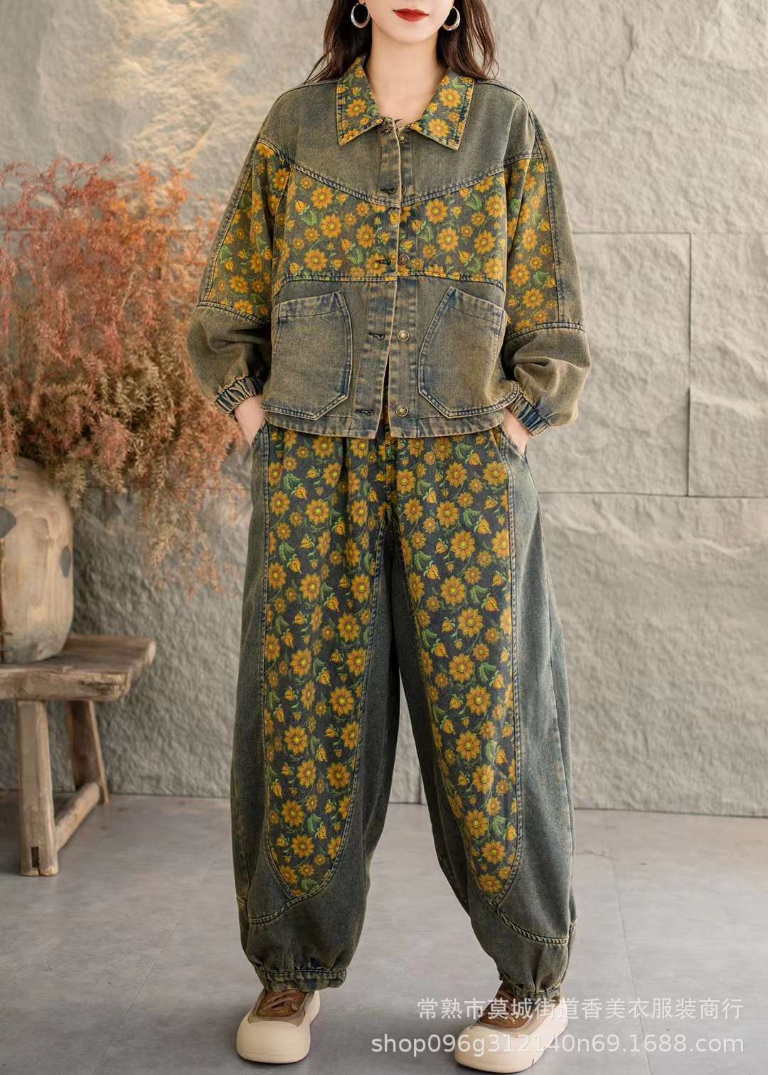 Fall 2024 vintage embroidered floral denim suit lapel cardigan with large pockets elasticated waist baggy jeans