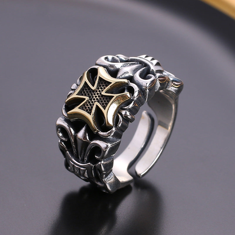 Retro Thai Silver S925 Silver Cross Men's Ring Men's Open Mouth Personality Fashion Domineering Trend Adjustable