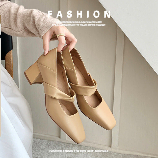 【Wang Xiaopoison】In the Mood for Love, Square Toe, Mary Jane Women's Shoes, High Heels, Block Heels, Small Leather Shoes, One Strap Single Shoes