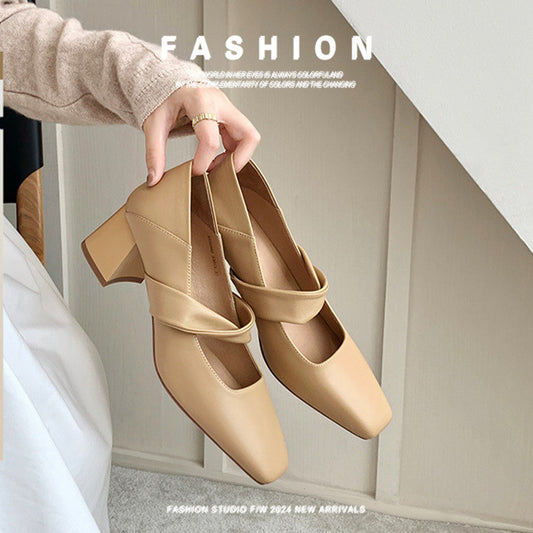 【Wang Xiaopoison】In the Mood for Love, Square Toe, Mary Jane Women's Shoes, High Heels, Block Heels, Small Leather Shoes, One Strap Single Shoes