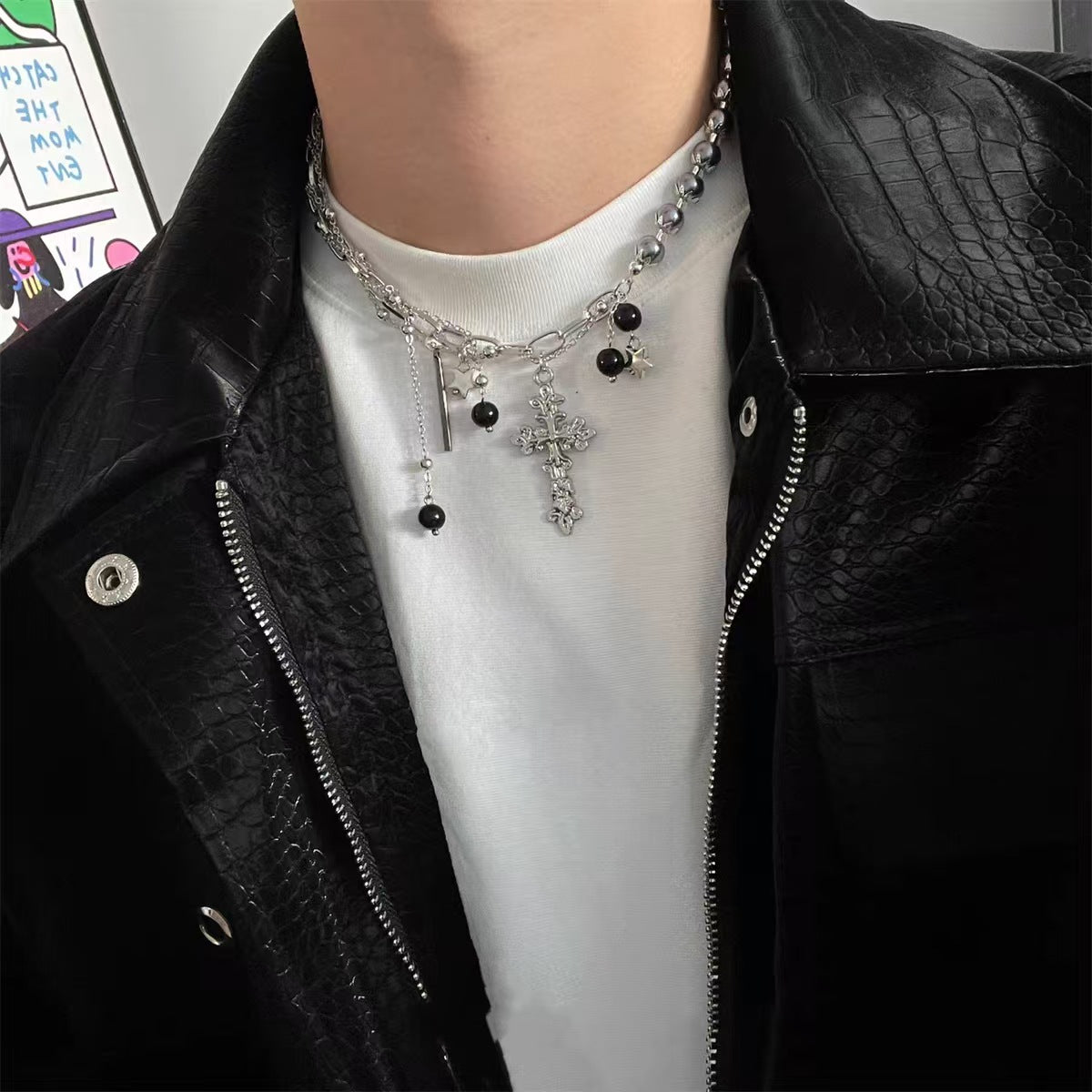 Black and white squares, glass stitching necklaces, men's niche, simple and versatile, titanium steel clavicle chain, light luxury, personality hip-hop jewelry