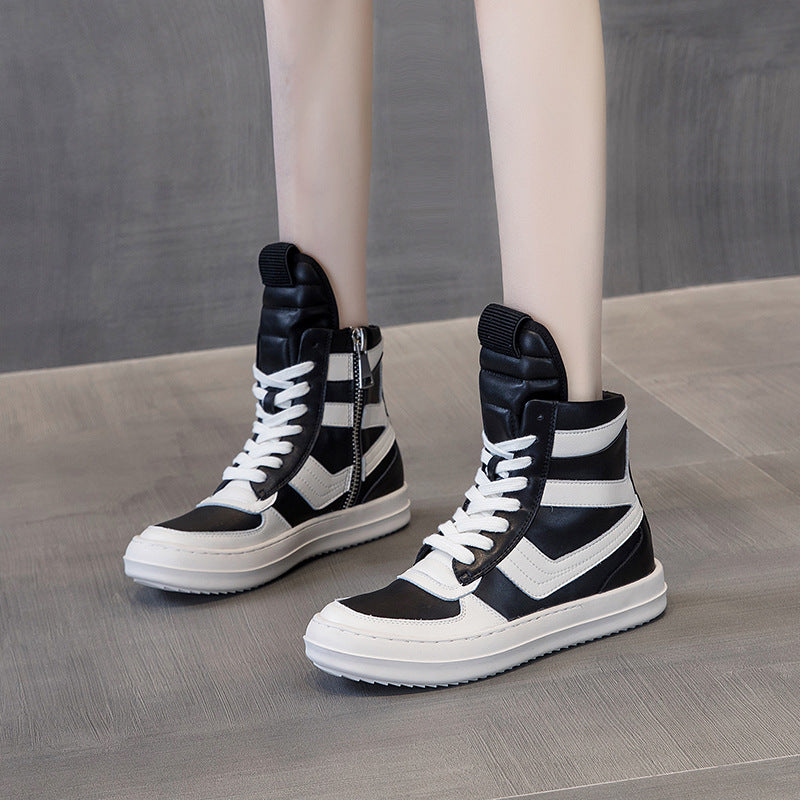 ro inverted triangle leather casual shoes for men and women couples hip-hop shoes 20 autumn and winter thick-soled Korean high-top personality short boots