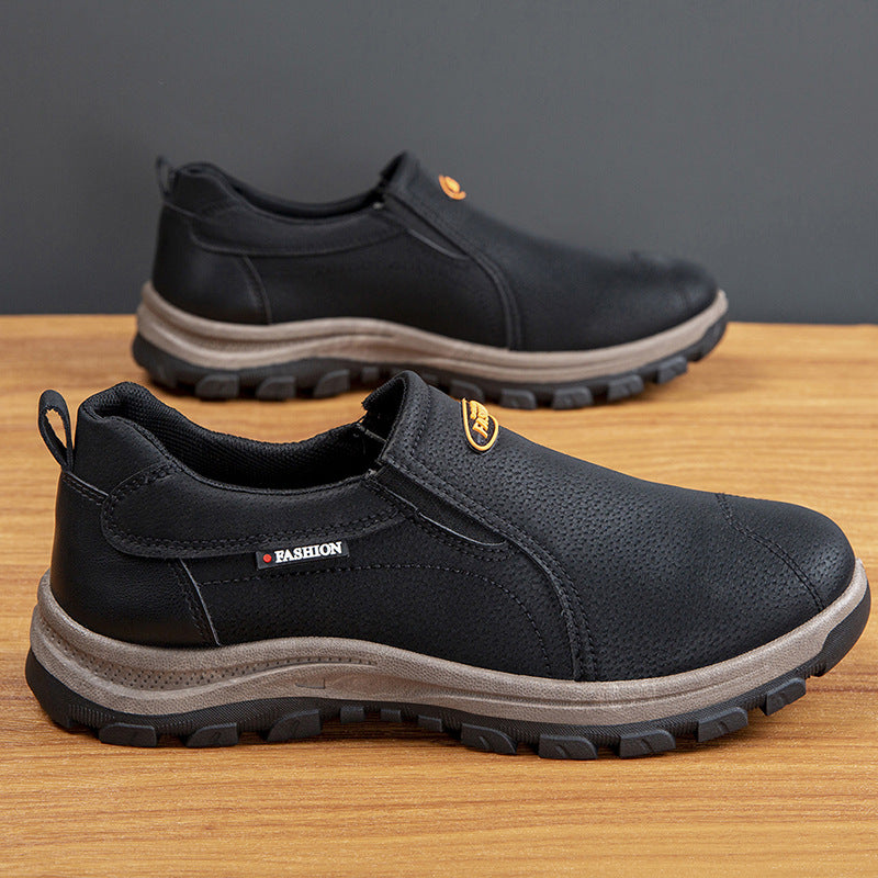 Outdoor hiking shoes, leather top, casual soft soles, one-foot pedals, dad shoes, trendy men's single shoes, low-top, versatile, cross-border plus size