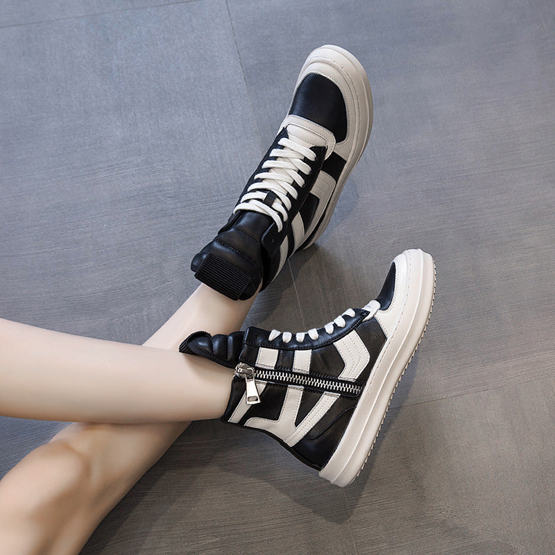 ro inverted triangle leather casual shoes for men and women couples hip-hop shoes 20 autumn and winter thick-soled Korean high-top personality short boots