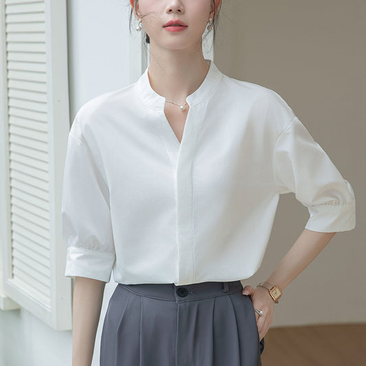 2025 real shot white shirt women's short sleeve summer new v-neck interview temperament formal wear professional shirt
