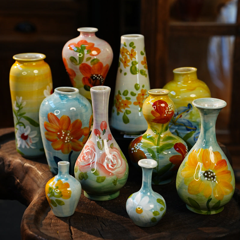 Jingdezhen handmade oil painting vase, dried flowers, home decoration, TV cabinet ornaments, wine cabinets, TV cabinets, ceramic small flowers