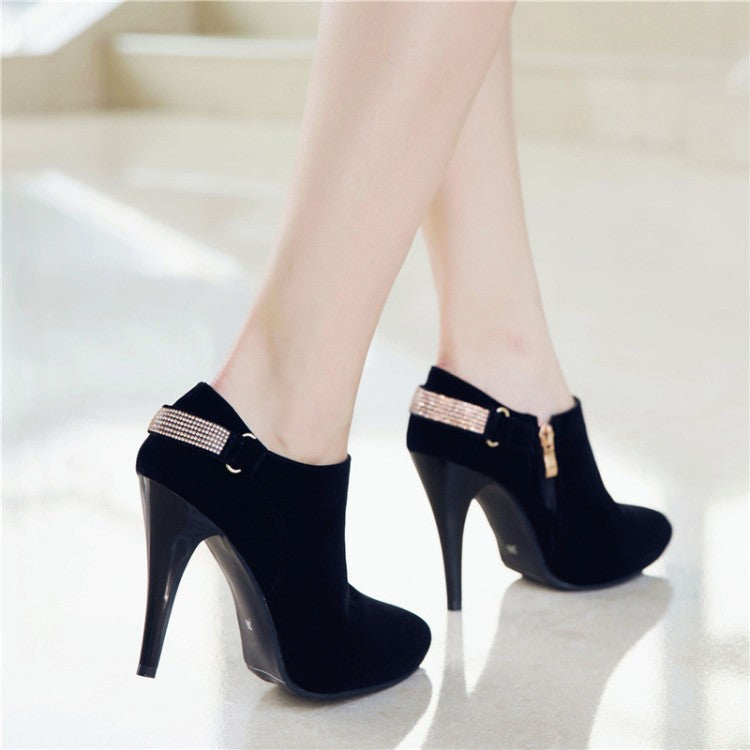 31-50 Coffee Rain Plus Size Women's Suede Heels Rhinestone Side Zippers Pointed Toe Warm & Nude Shoes W333