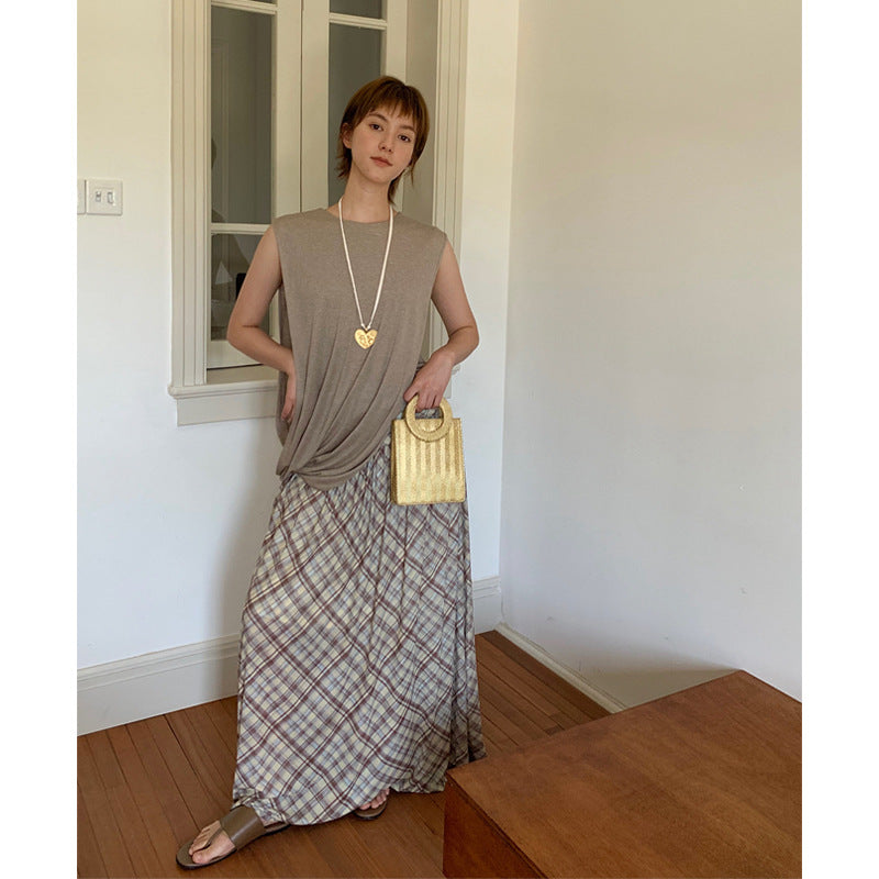 [Spot] high-waisted a-line tall mesh cool plaid skirt flowing knit skirt long skirt summer