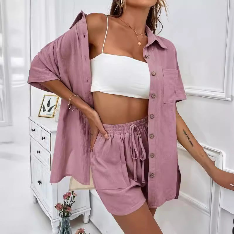 European and American cross-border AliExpress fashion shorts, two solid color shirt sets, casual loose short-sleeved single-breasted women's clothing