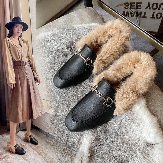 Wool shoes women's winter wear 2025 new autumn and winter flat heel plush bean shoes rabbit fur single shoes women's shoe trend