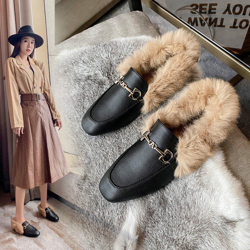 Wool shoes women's winter wear 2025 new autumn and winter flat heel plush bean shoes rabbit fur single shoes women's shoe trend