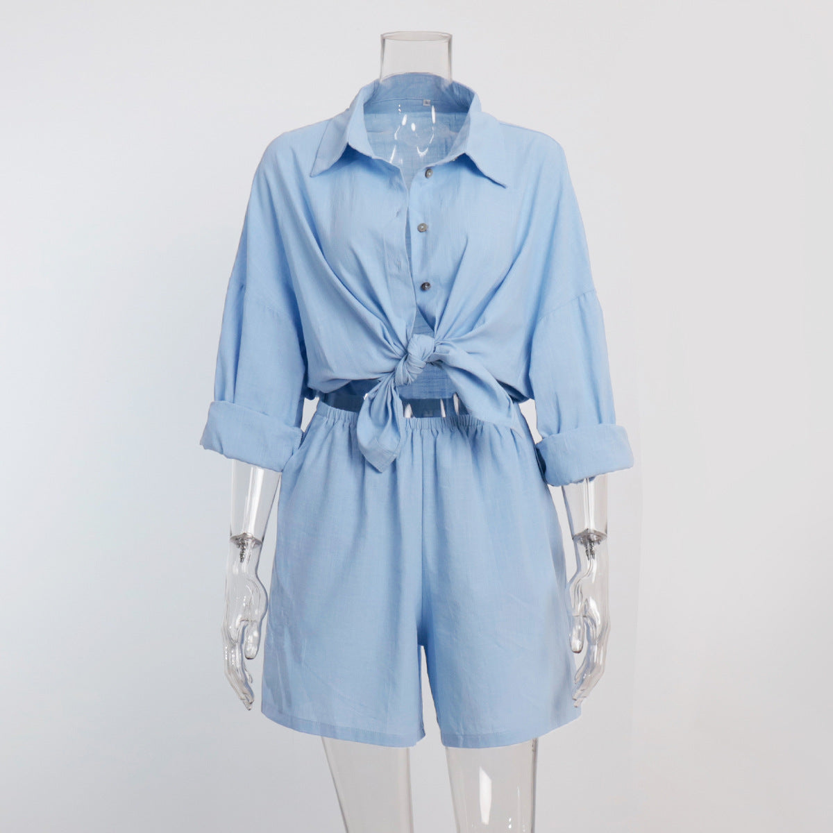 Cross-border shirt set Europe and the United States 2025 summer new women's vacation casual loose long-sleeved shirt + shorts set