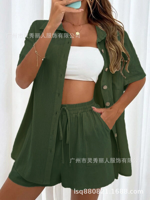 European and American cross-border AliExpress fashion shorts, two solid color shirt sets, casual loose short-sleeved single-breasted women's clothing