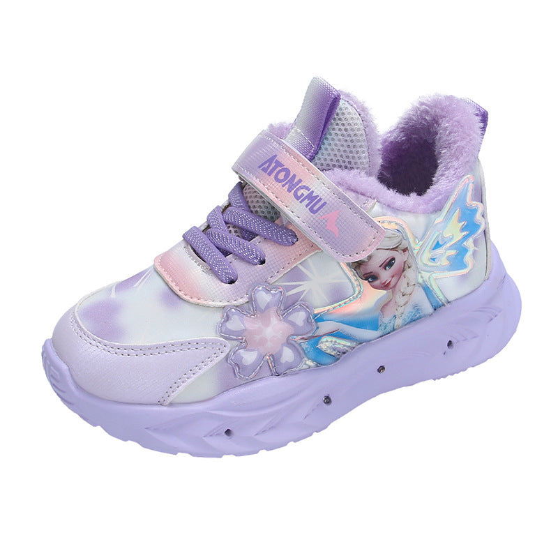 Princess Elsa sneakers with lights, new leather breathable fleece comfortable student running shoes for autumn and winter