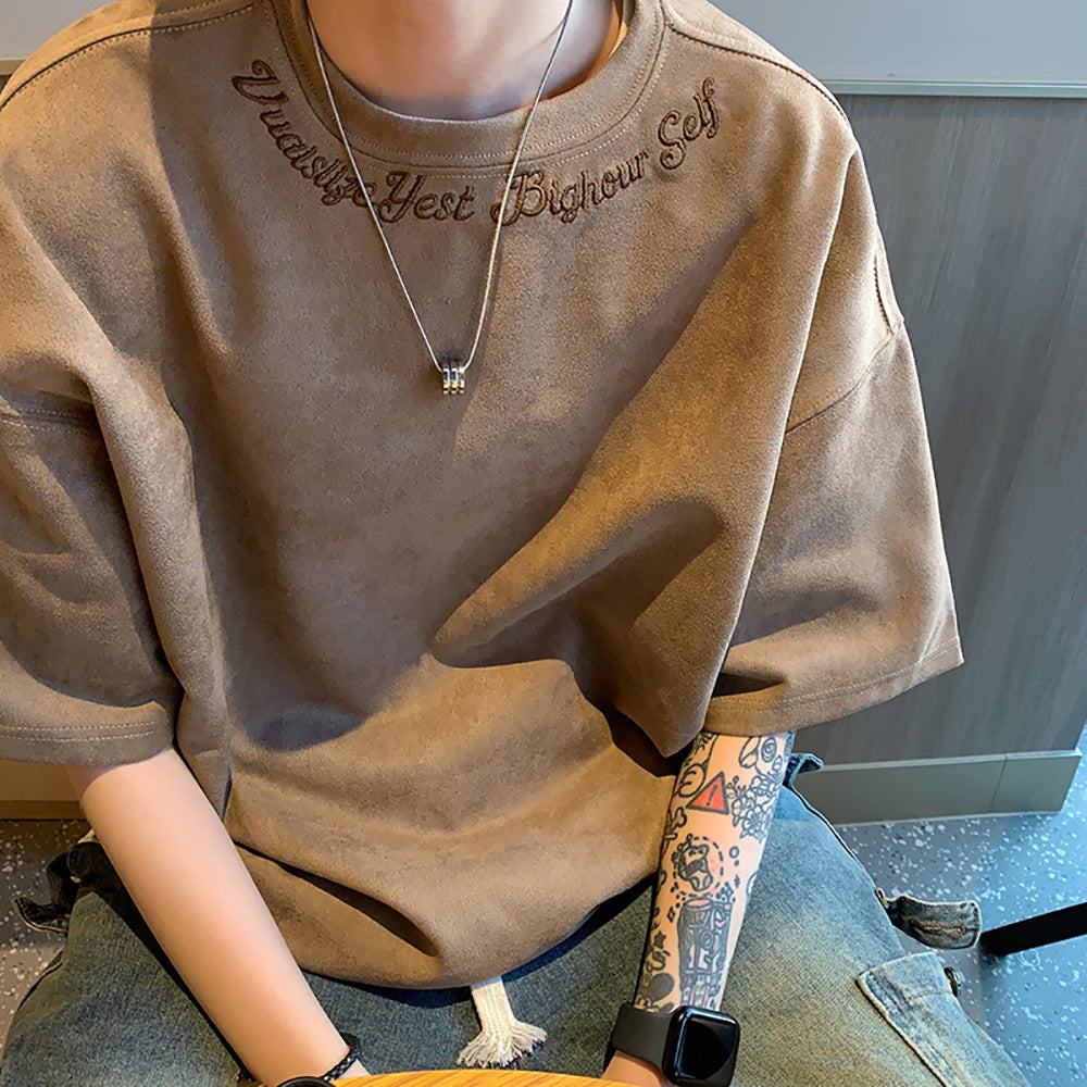 Maillard Suede Short Sleeve T-Shirt Men's Summer 2024 New Trendy Brand Embroidered Handsome Underwear Half-Sleeved Base Shirt