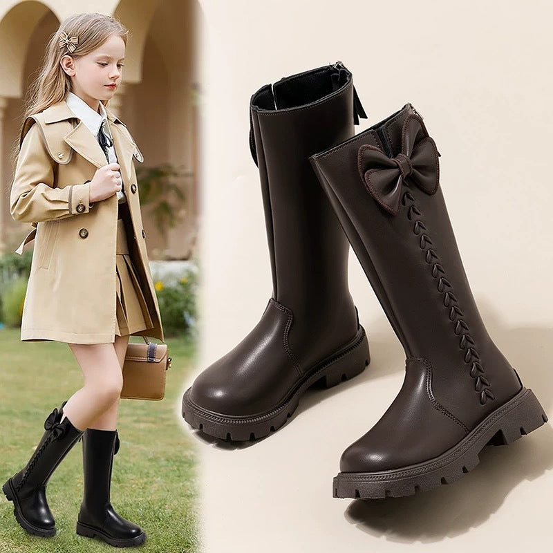 Girls' boots autumn and winter new Korean fashion boots in the middle and big boys with foreign bows and catwalk boots with fleece