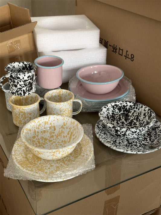 Korean ins same vintage ink splash enamel tableware set enamel bowl mug plate