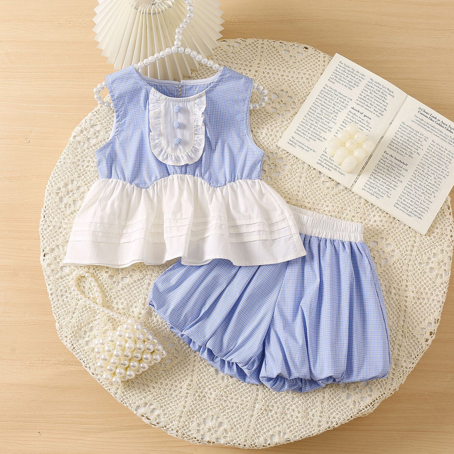 2025 Korean version of the girl's suit, summer new sleeveless blue checkered shirt dress, bud shorts, foreign two-piece set