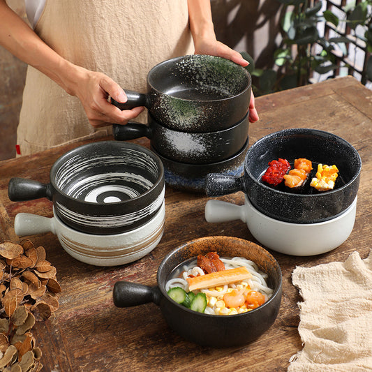 Wholesale Breakfast Bowl Instant Noodle Bowl Salad Bowl With Handle Grill Bowl Heat-resistant Ceramic Japanese Style Retro Creative Baking Baked Rice Bowl