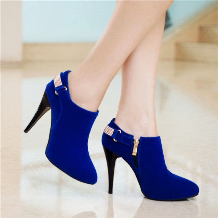 31-50 Coffee Rain Plus Size Women's Suede Heels Rhinestone Side Zippers Pointed Toe Warm & Nude Shoes W333