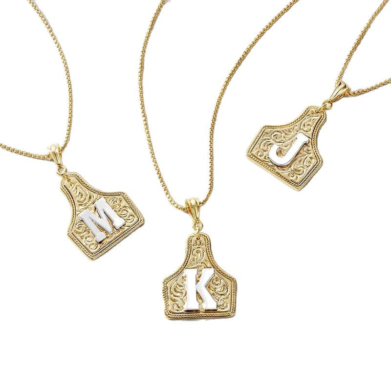 Cross-border new fashion light luxury 26 initials Western denim necklace copper plated real gold color preservation retro high-end jewelry
