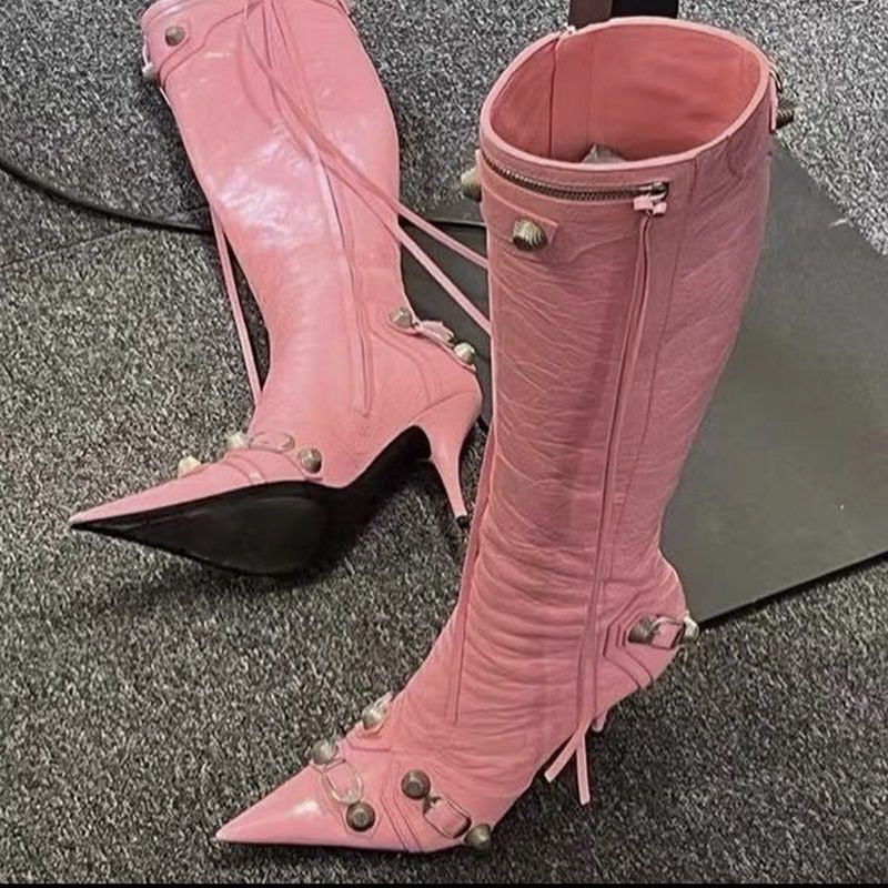 European and American new pointed toe thin heel metal rivet motorcycle catwalk women's boots belt buckle tassel plus size knight fashion boots