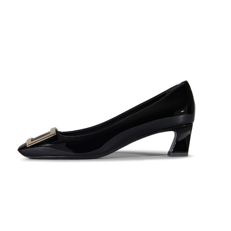 Patent leather square buckle high heels, single shoes, thick heels, medium heels, square toe pumps, women's shoes, commuting office lady, workplace style, thin heel women's shoes