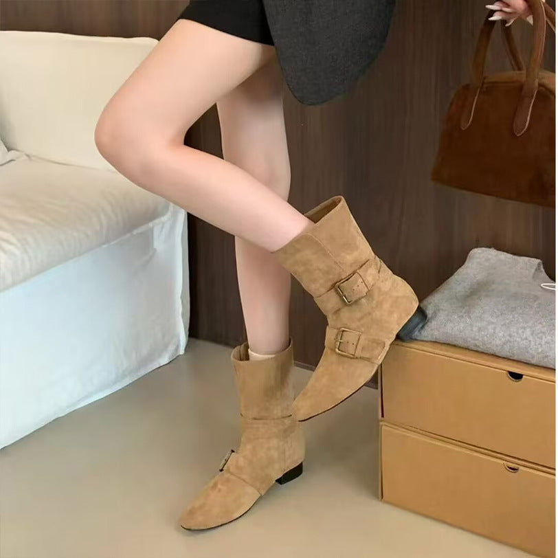 French vintage western booties 2025 autumn and winter fashion British style wide boots women's boots high-end single shoe women