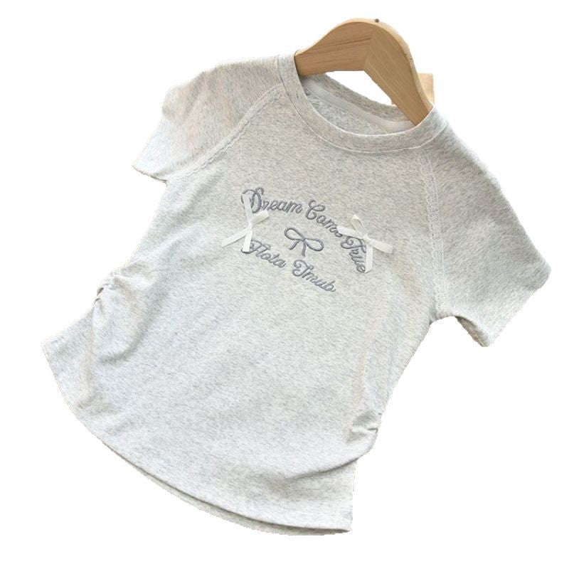 Girls short sleeve cotton t-shirt summer 2025 new children's bow letter medium and big children's fashion top