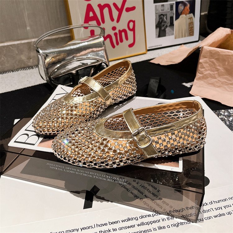 European station rhinestone line Mary Jane cut-out mesh ballet shoes fishnet shoes single shoes loafers boat shoes women's shoes