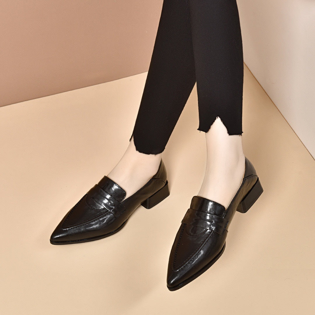 2024 New Leather Block Heel Shoes Women's Slip-On Shoes Mid-Heel British-style Soft-Sole Pointed Toe Loafers